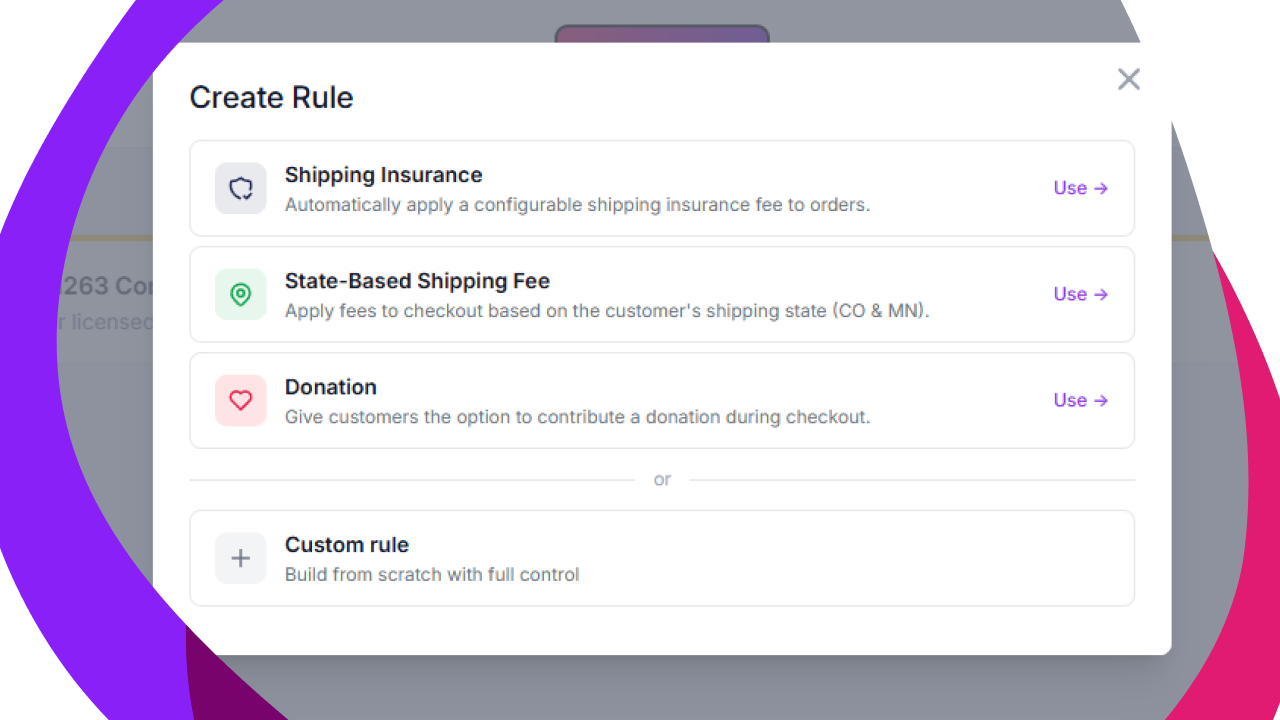 PaymentPutty Create Rule modal showing Shipping Insurance, State-Based Shipping Fee, Donation, and Custom rule options