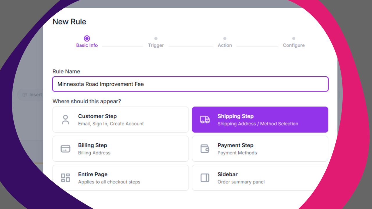PaymentPutty wizard Step 1: rule name field with Minnesota Road Improvement Fee, and step picker with Shipping Step selected