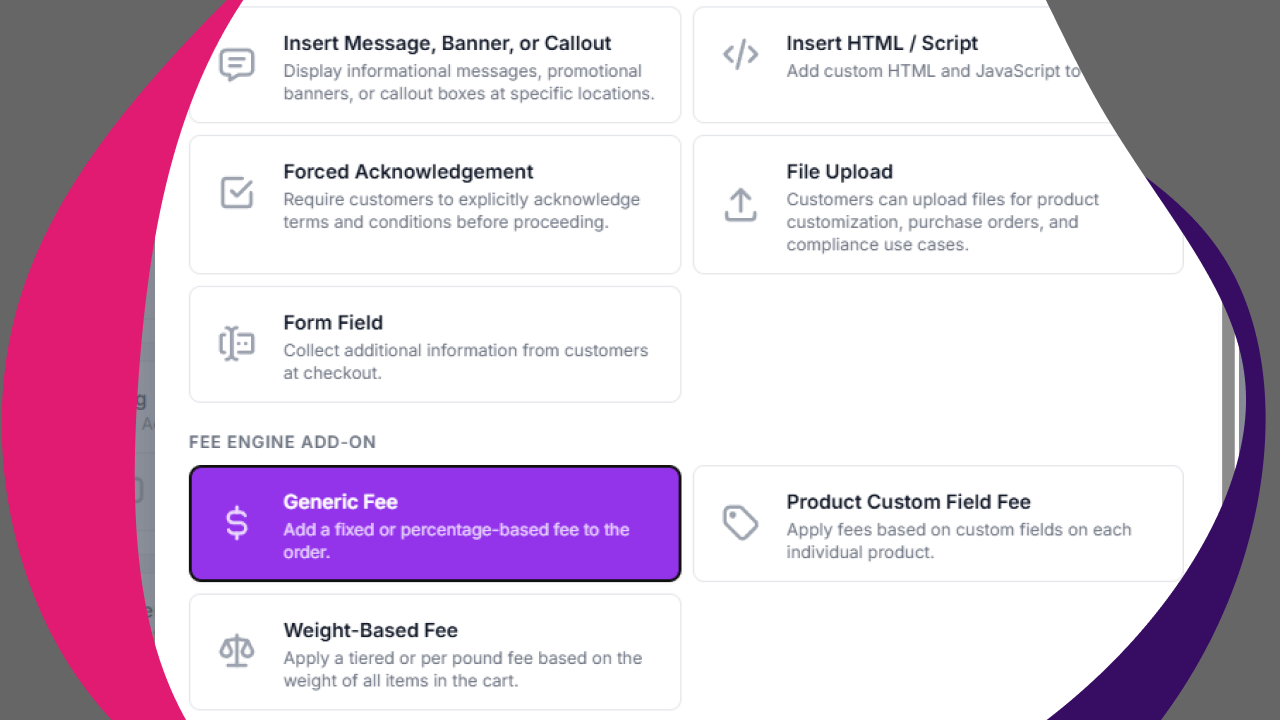 PaymentPutty wizard Step 3: action type picker with Generic Fee highlighted alongside Message, Forced Acknowledgement, File Upload, Form Field, and Fee Engine options