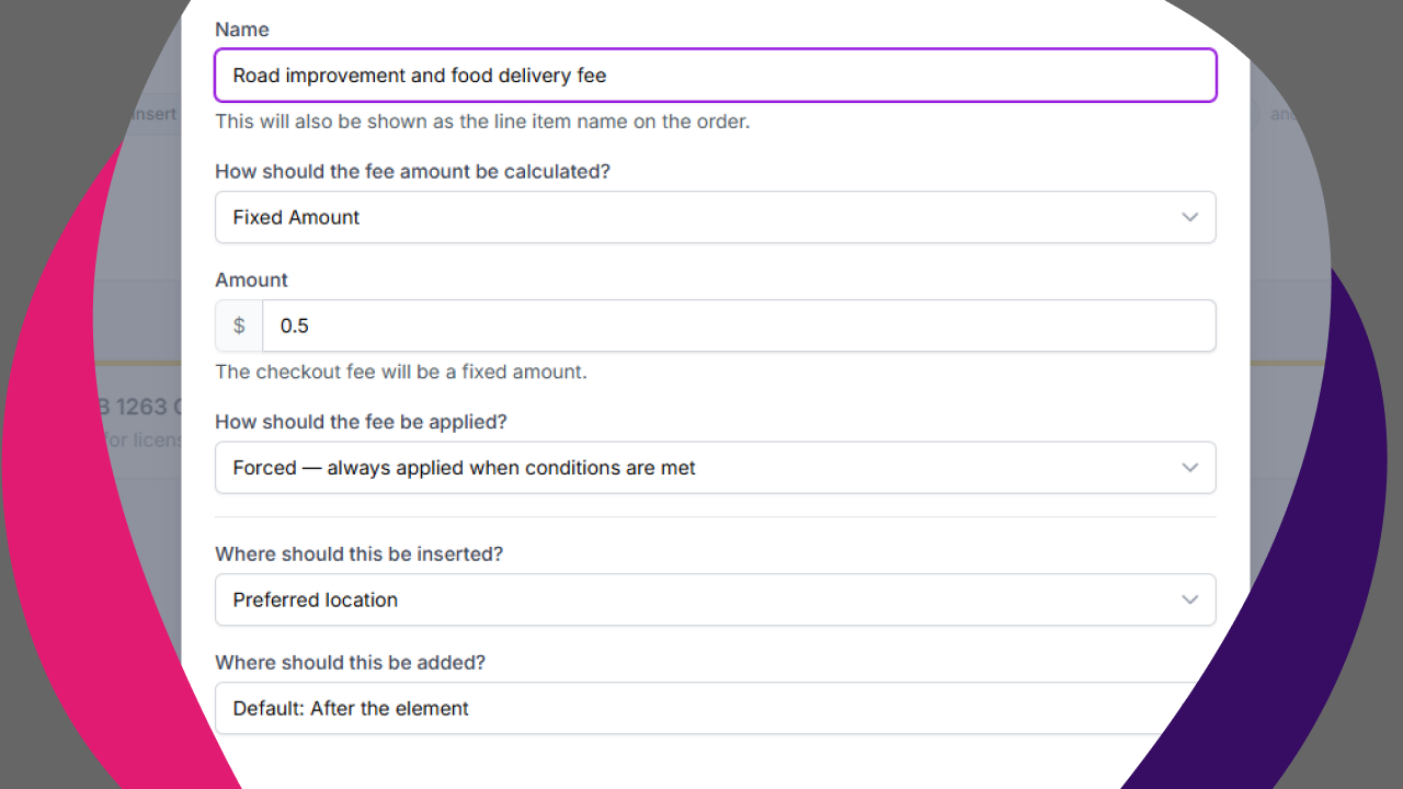 PaymentPutty wizard Step 4: fee configuration with name field, fixed amount calculation, $0.50 amount, forced application, and preferred location placement